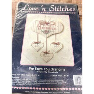 Vtg Counted Cross Stitch Kit "We Love You Grandma" Personalized Heart Wall Decor